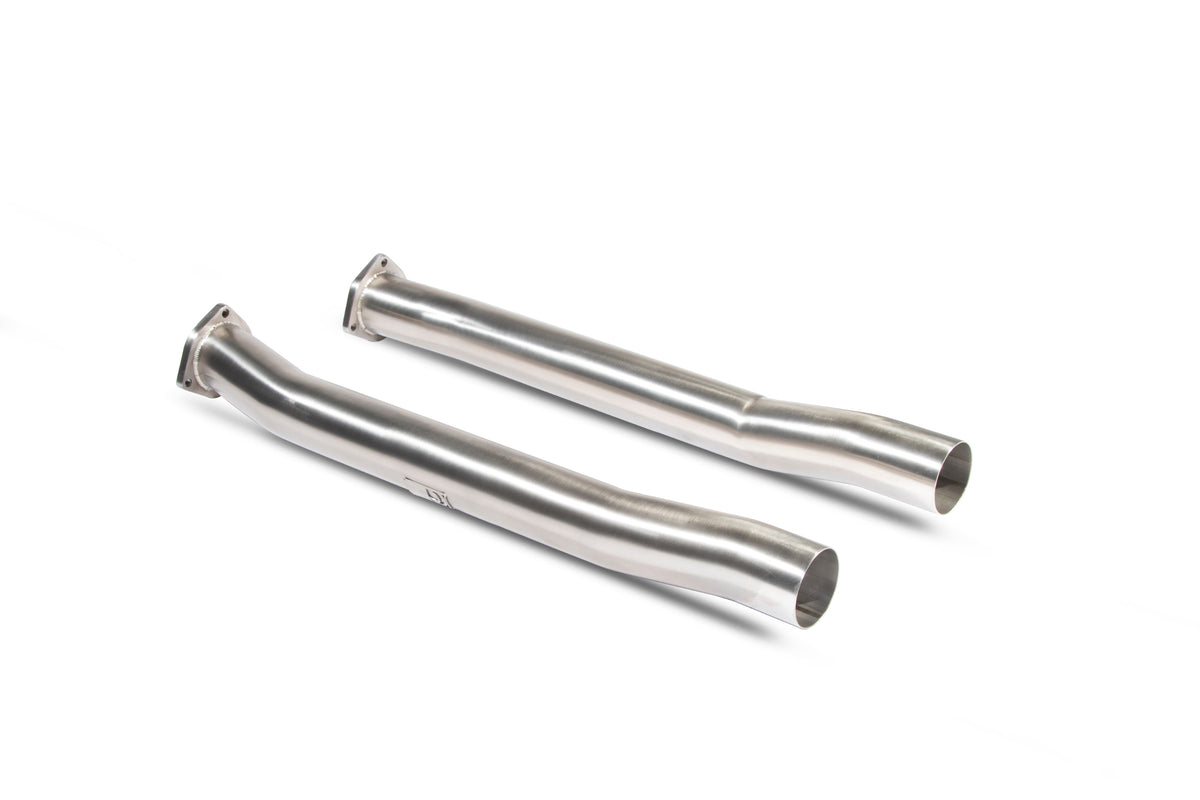 Scorpion Exhausts Audi RS3 8V secondary de-cat exhaust section showing polished metal pipes and welded joints.