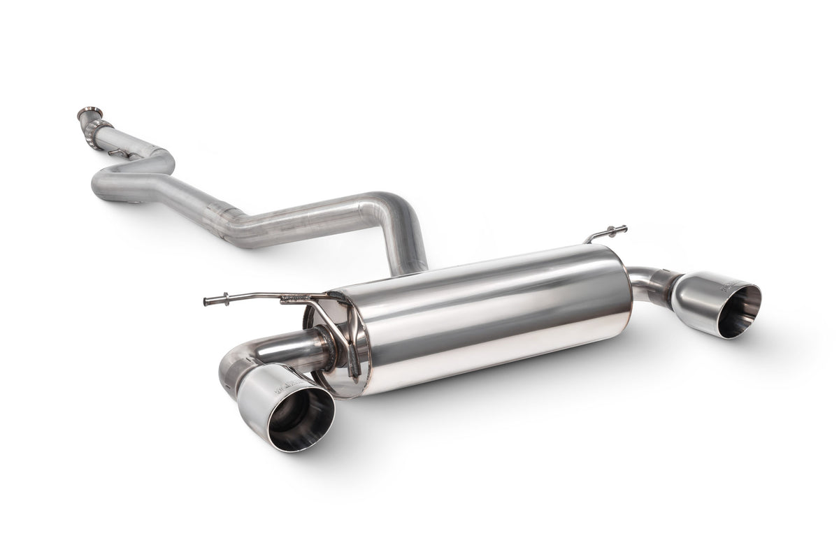 Scorpion BMW M135i F20/F21 non-resonated cat-back exhaust system with xDrive, showing polished stainless steel pipes and muffler details.