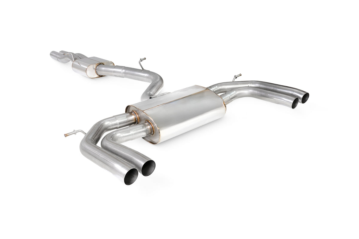 Scorpion Audi RS3 8Y saloon GPF-back exhaust system without valves, showcasing the stainless steel pipes and resonated muffler.