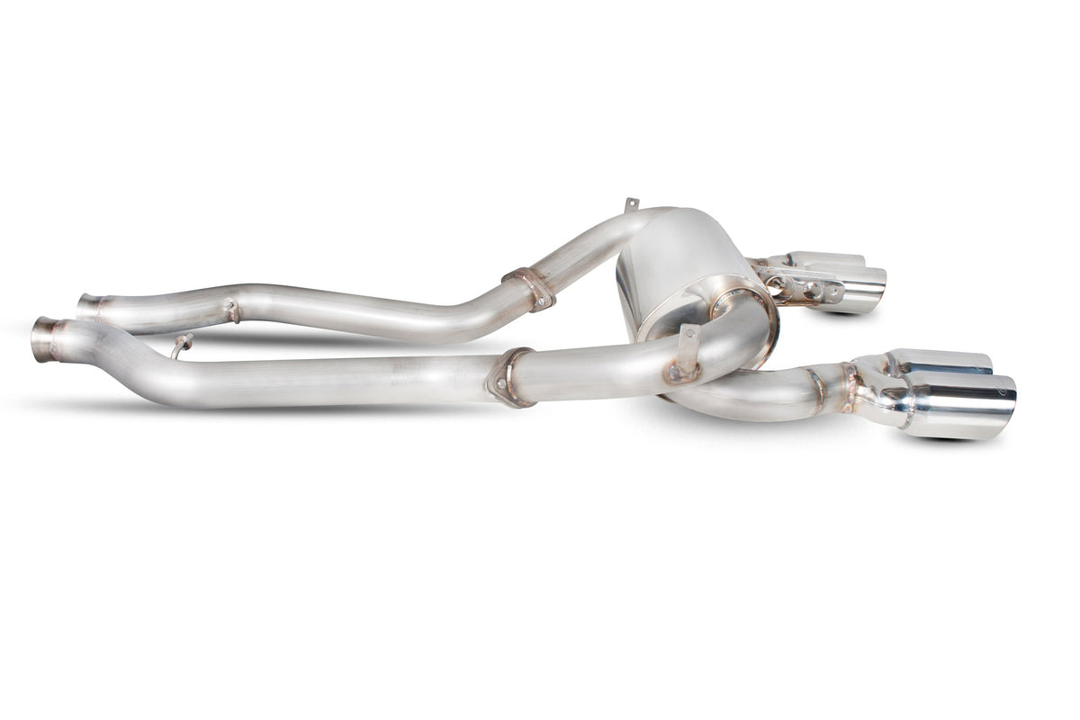 Scorpion BMW M3 E90 E92 half exhaust system with stainless steel pipes and mufflers, showcasing the sleek automotive exhaust components.