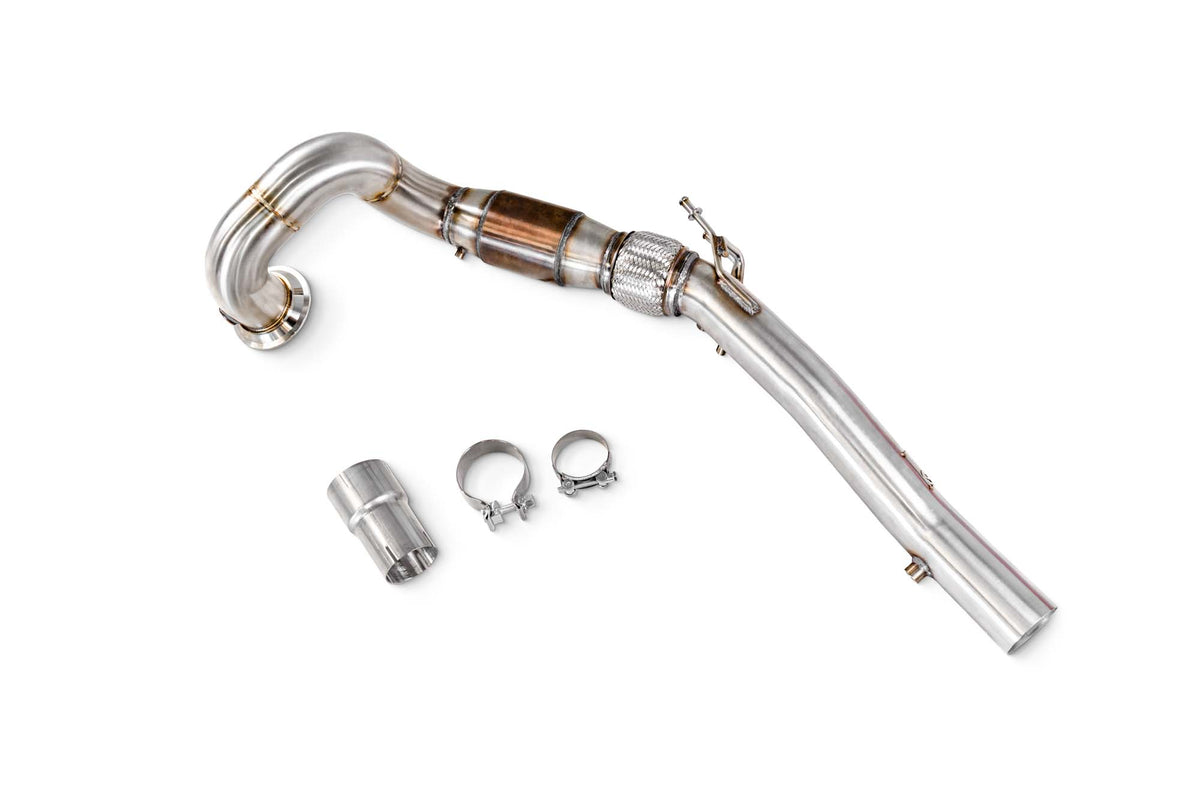 Scorpion Volkswagen Polo GTI AW facelift GPF sports cat downpipe with high flow sports catalyst, showing polished metal and connection flanges.
