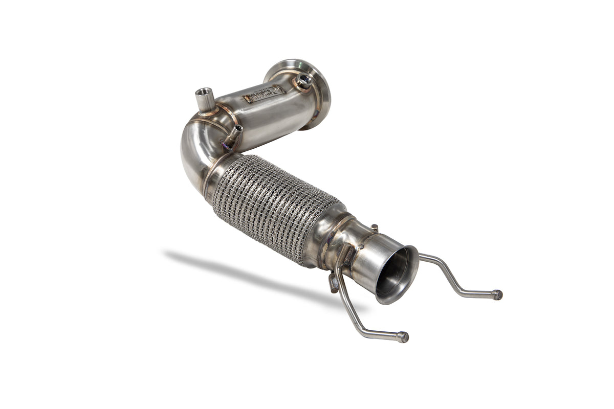 Scorpion BMW M135i xDrive F40 GPF de-cat downpipe, stainless steel exhaust component with flanges and catalytic converter removal.