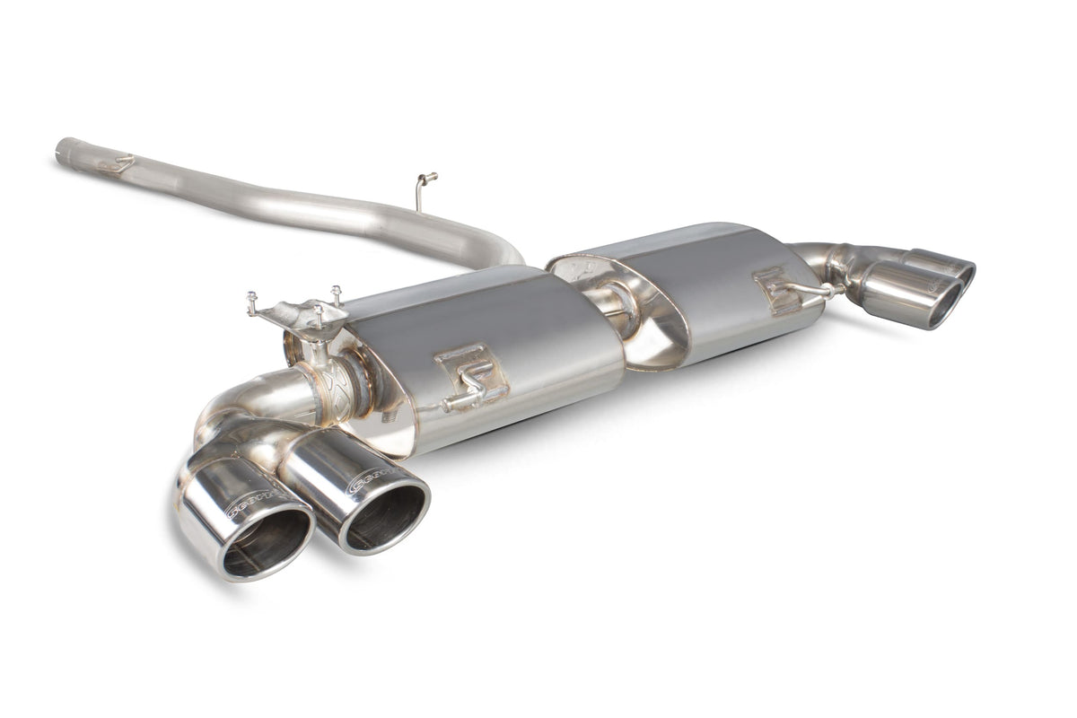 Scorpion Audi S1 2.0 TFSI quattro cat-back exhaust system with electronic valves, showcasing polished stainless steel pipes and mufflers.