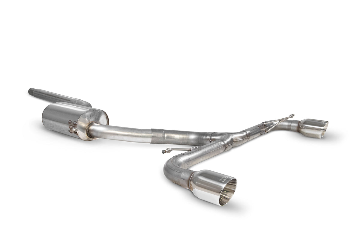 Scorpion Volkswagen Scirocco R resonated cat-back exhaust system with polished tips and dual exhaust outlets, installed on the vehicle.