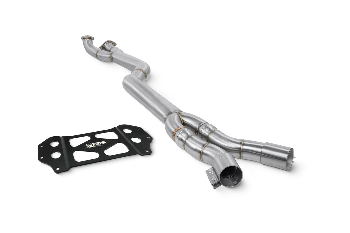 Scorpion Exhausts BMW M3 G80 G81 and M4 G82 non-GPF models single mid pipe, showcasing polished metal construction and fittings