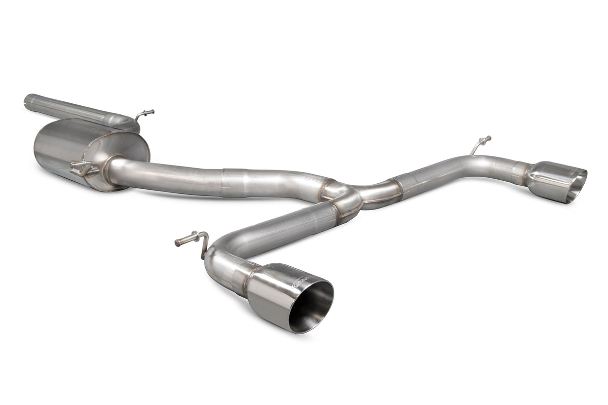 Scorpion Volkswagen Golf MK7.5 GTI non-GPF cat-back exhaust system with polished stainless steel tips and dual exhaust pipes.