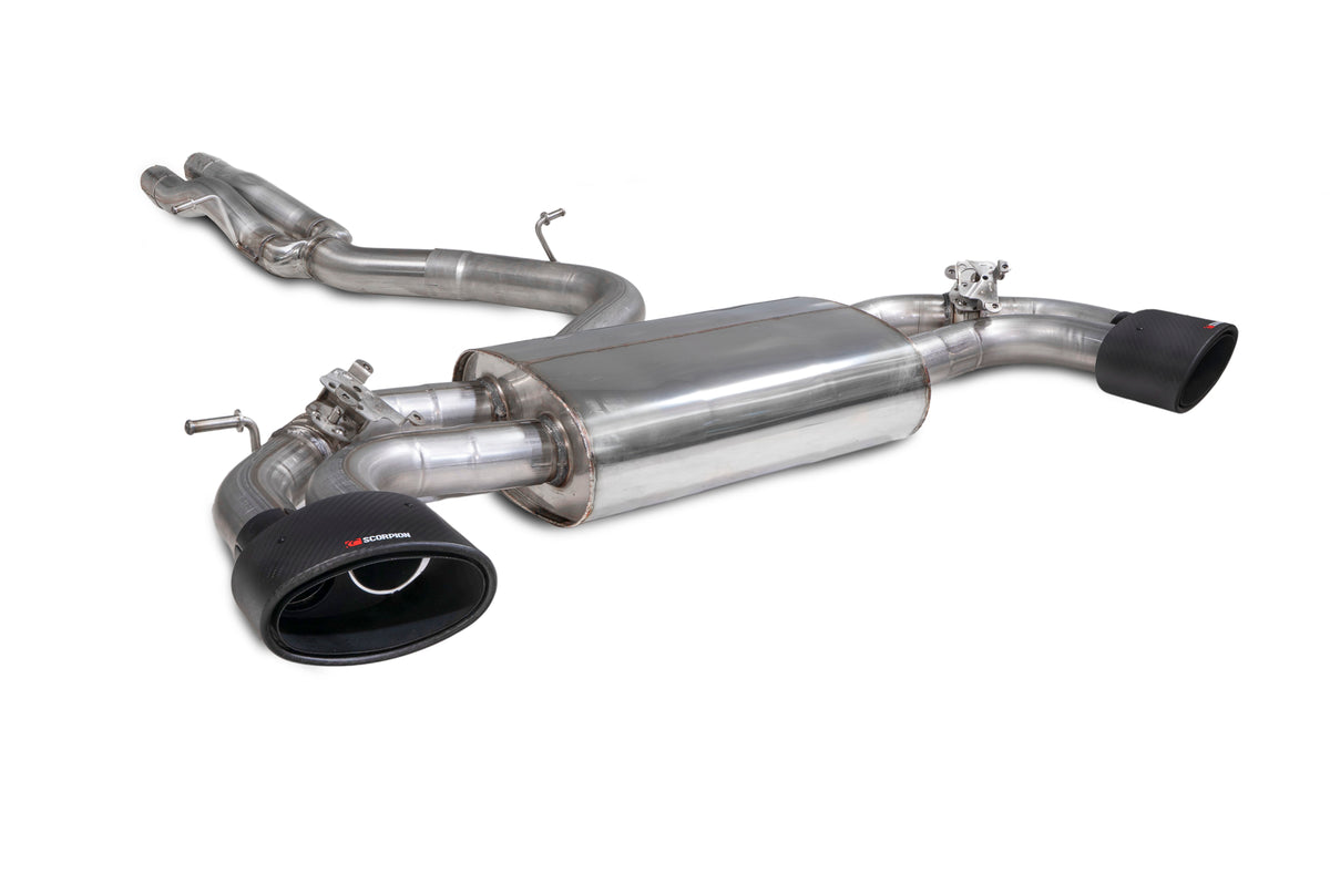 Scorpion Audi RS3 8V GPF-Back Exhaust System with valves, non-resonated cat system for GPF and Non-GPF models, silver finish.