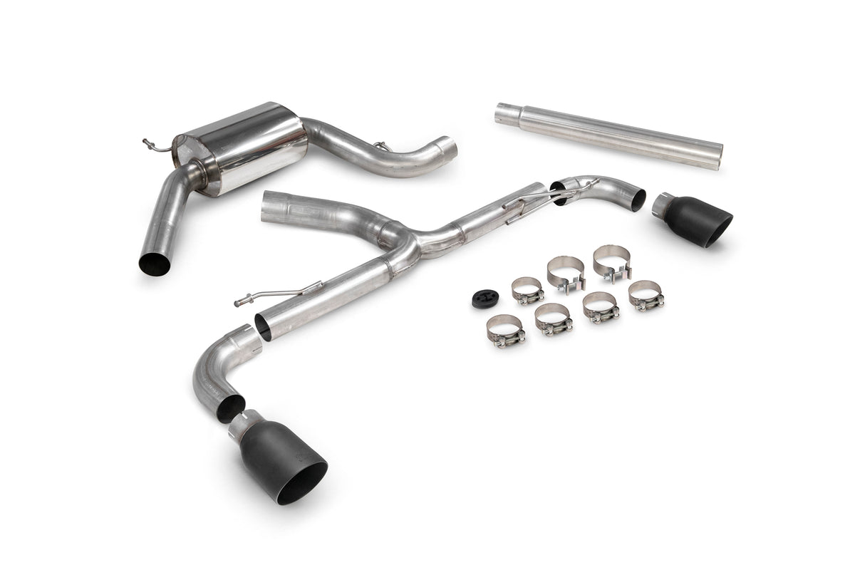 Scorpion Volkswagen Scirocco R resonated cat-back exhaust system with polished stainless steel piping and dual exhaust tips.