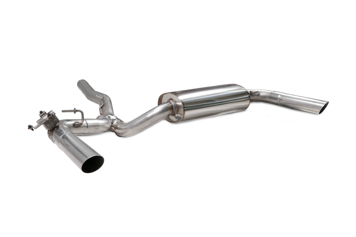 Scorpion BMW M235i Gran Coupe xDrive F44 GPF-back exhaust system with electronic valve, showcasing polished metal pipes and muffler