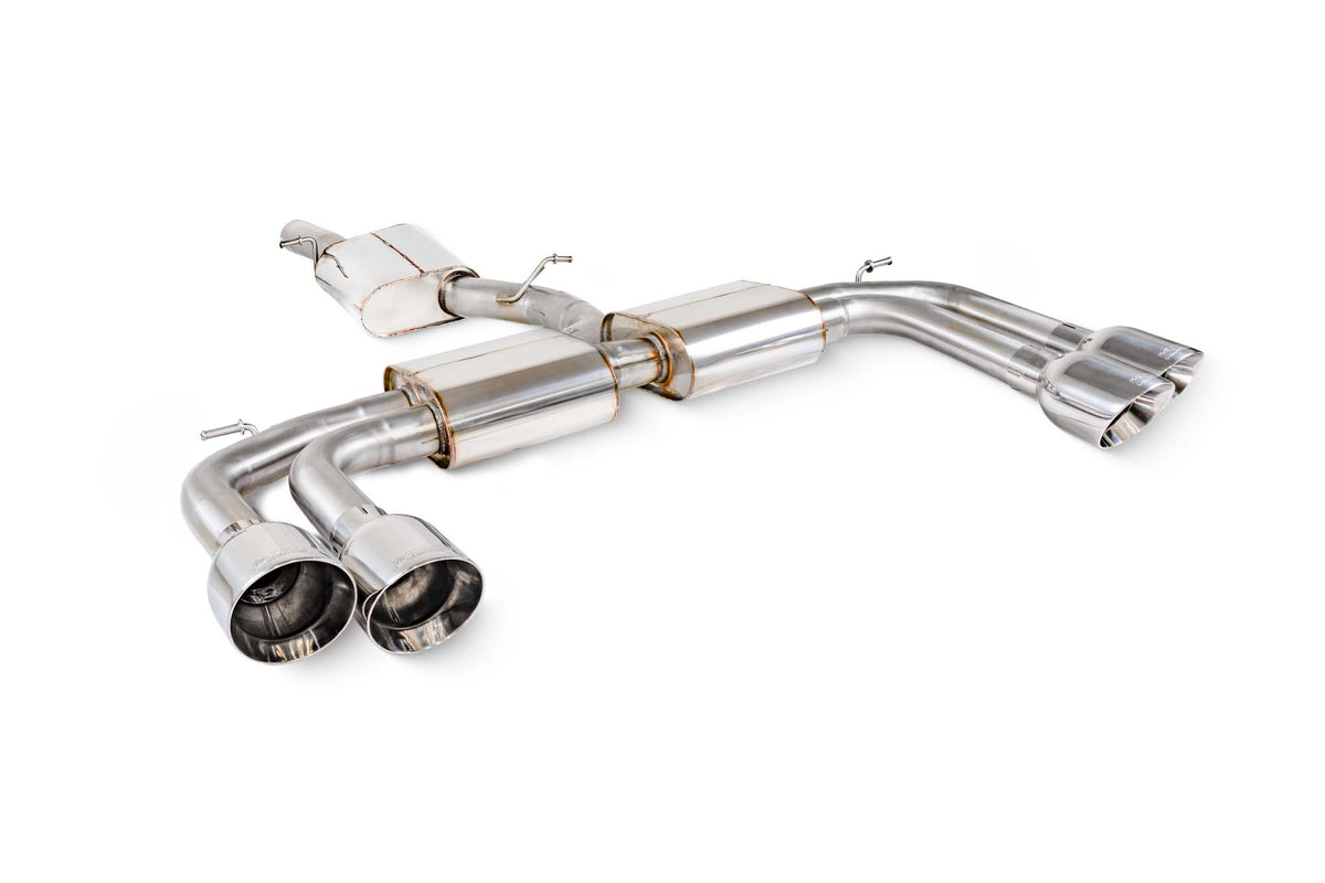 Scorpion Audi S3 8Y saloon GPF-back resonated cat-back exhaust system showing polished stainless steel pipes and mufflers.