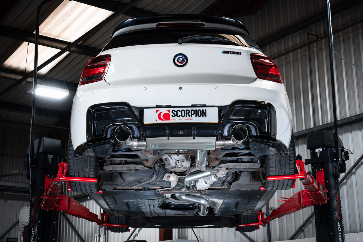 Scorpion BMW M135i F20/F21 cat-back exhaust system with xDrive, non-resonated pipes, and valve, featuring polished stainless steel tips.