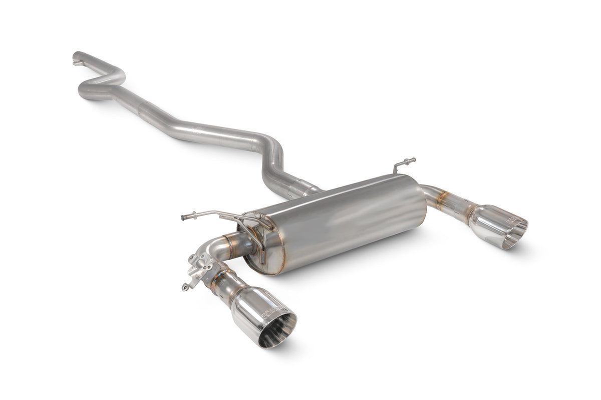 Scorpion BMW 340i F30/F31 15-18 & 440i F32/F33/F36 16-18 Cat-Back Exhaust System with non-resonated pipes on a car.
