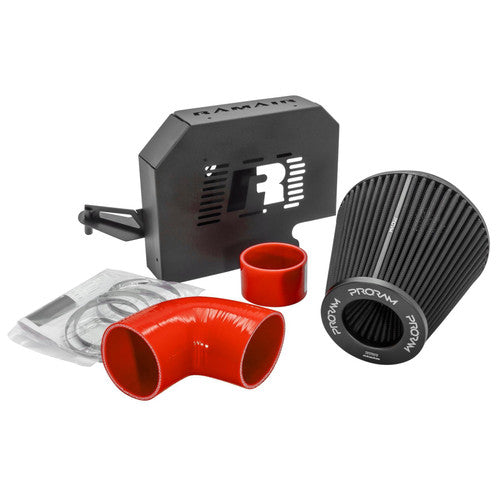 Ramair PRORAM performance induction kit in red for Ford Focus ST 225 with ECU holder, showcasing the air intake components.