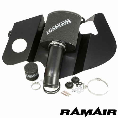 Ramair Abarth Fiat 500 1.4T and esseesse 595 air filter induction intake kit installed, showing the sleek air filter and intake components.