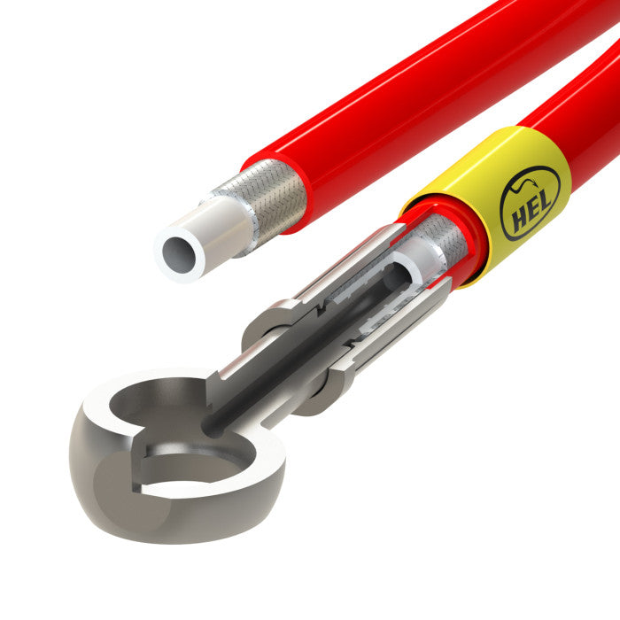 HEL braided brake line construction detail showing the stainless-steel braid and hose layers.