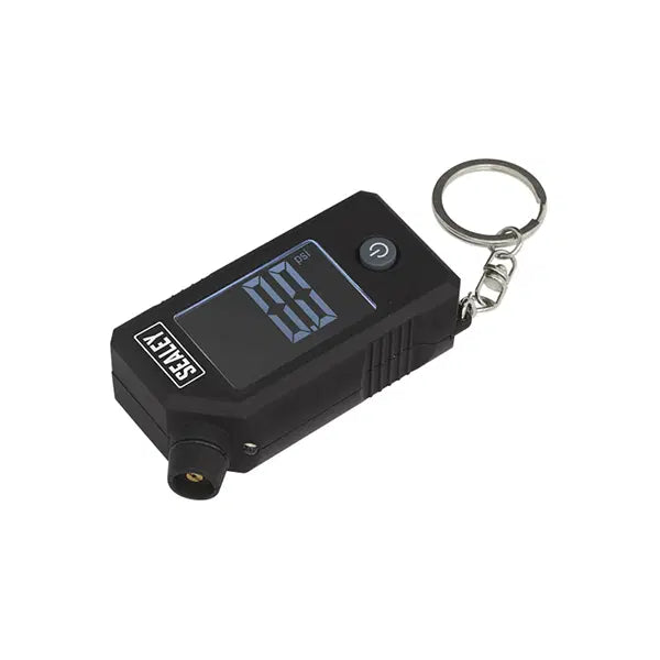 Sealey digital tyre pressure and tread depth gauge with LED display, showing measurement readings on a compact handheld tool.