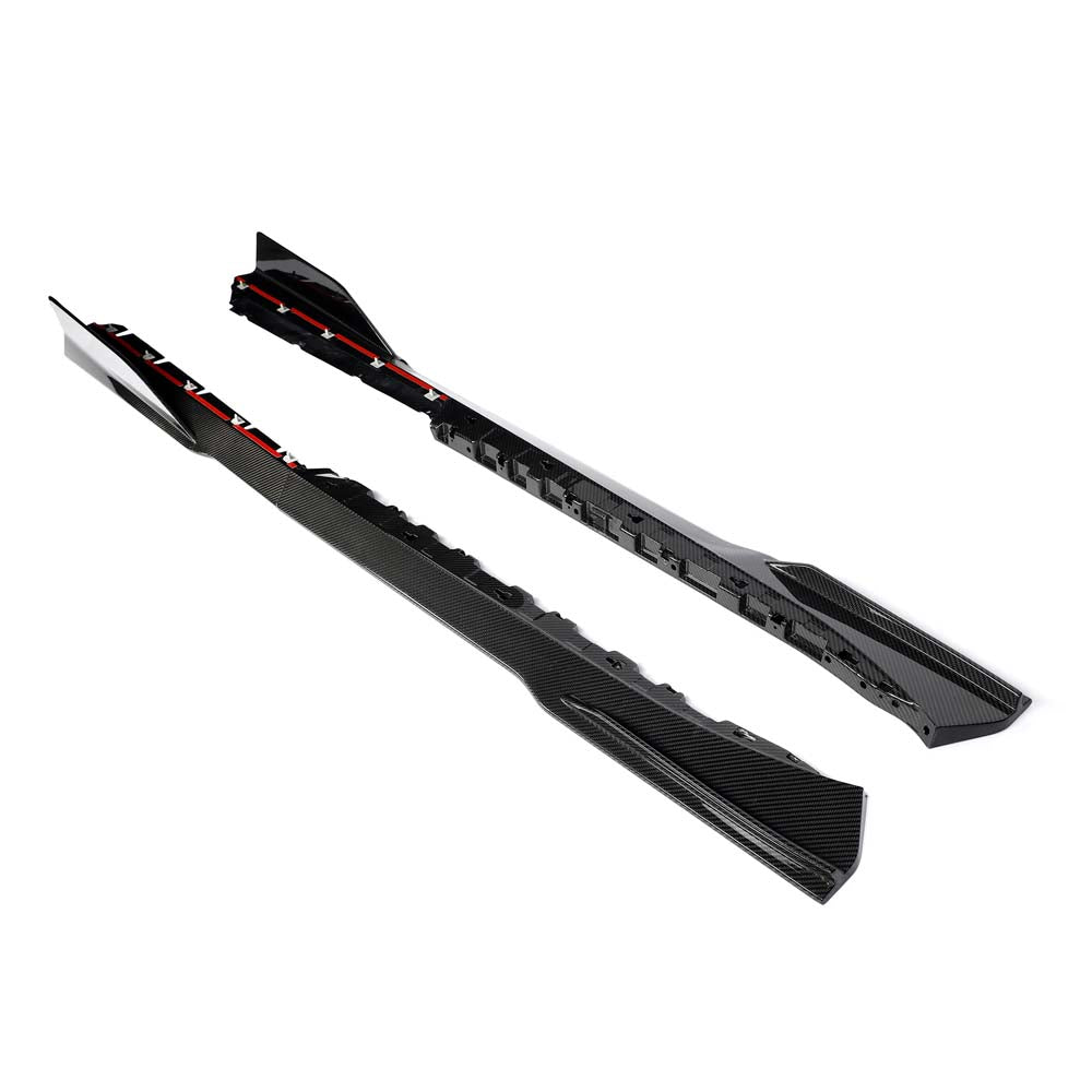 Lamborghini Revueltto carbon fibre side skirts by CT Carbon, showing sleek, aerodynamic design and textured carbon fibre surface.