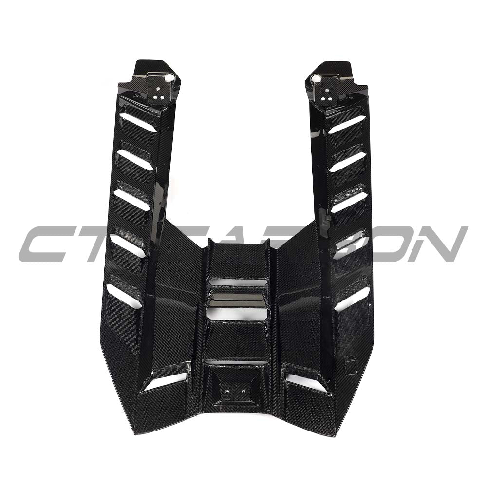 CT Carbon Lamborghini Revueltó carbon fiber roof scoop and engine cover, showcasing sleek, lightweight racing-inspired design.