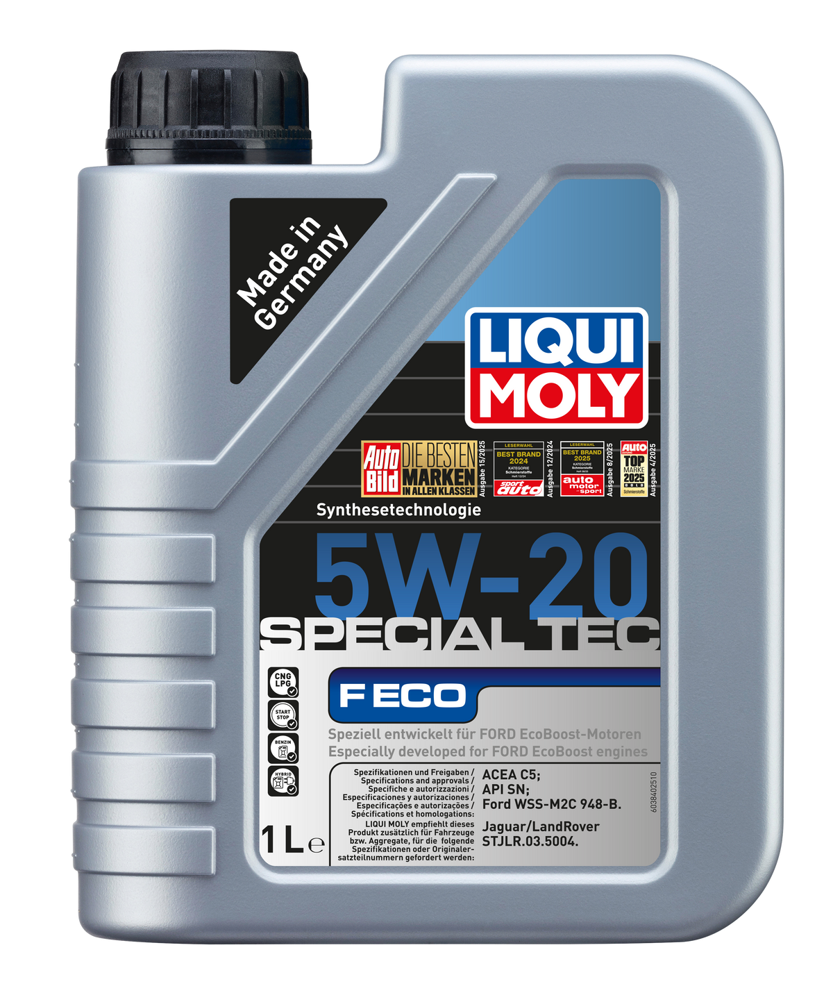 Liqui Moly Special Tec F Eco 5W-20 engine oil bottle with label and cap, designed for car engine lubrication.
