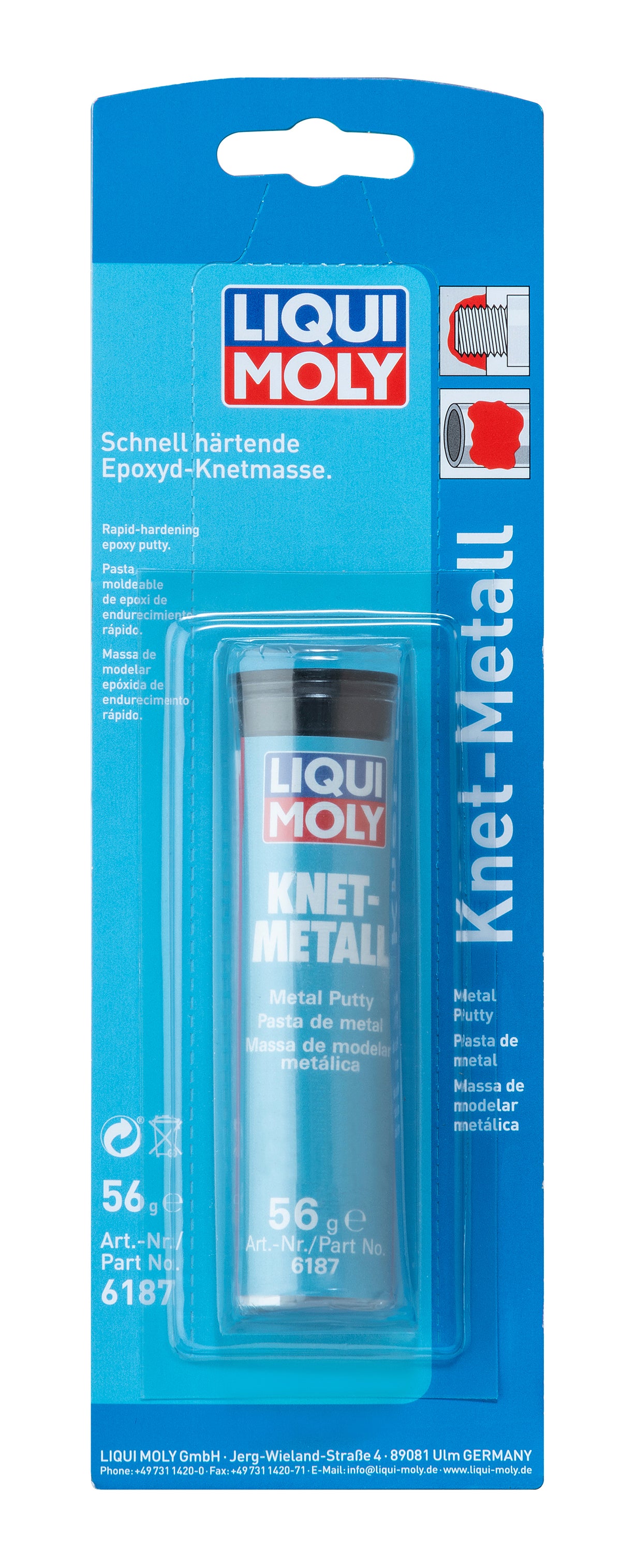 Liqui Moly Metal Putty 56g jar showing silver-colored metal repair putty for bonding and sealing applications