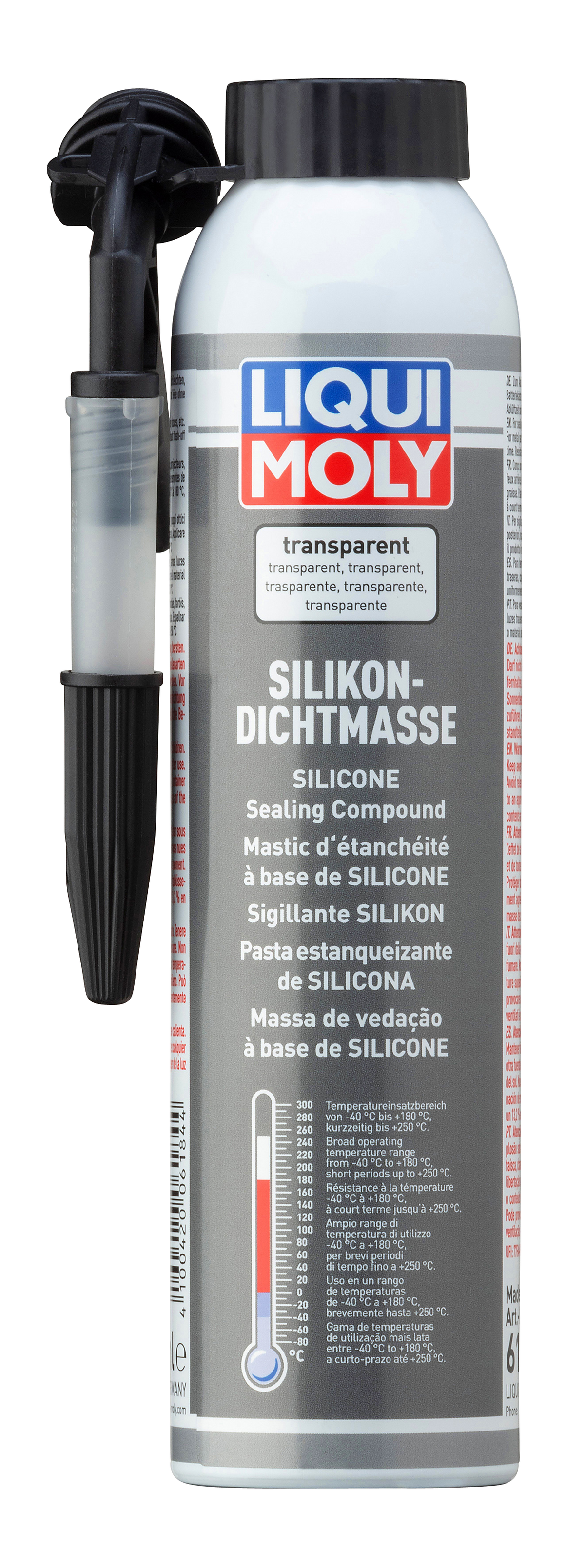 Transparent Liqui Moly silicon sealing compound in 200ml tube, ideal for adhesives and sealants applications.