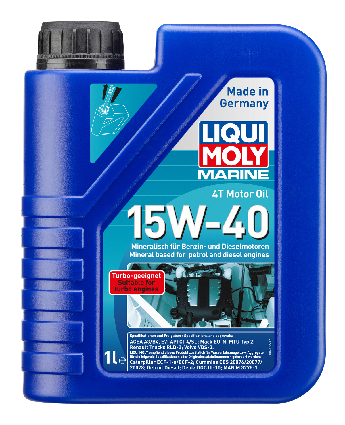 Liqui Moly Marine 4T Motor Oil 15W-40 container, marine engine oil with brand logo and product label visible.