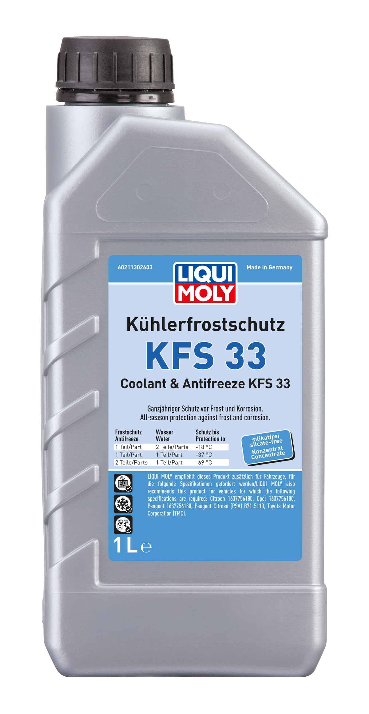 Liqui Moly Radiator Antifreeze KFS 33 coolant bottle with label and cap, designed for engine cooling system protection.