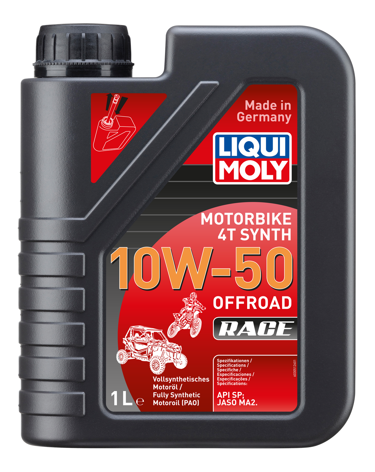 Liqui Moly Motorbike 4T Synth 10W-50 offroad racing motorcycle engine oil container with product label and branding.