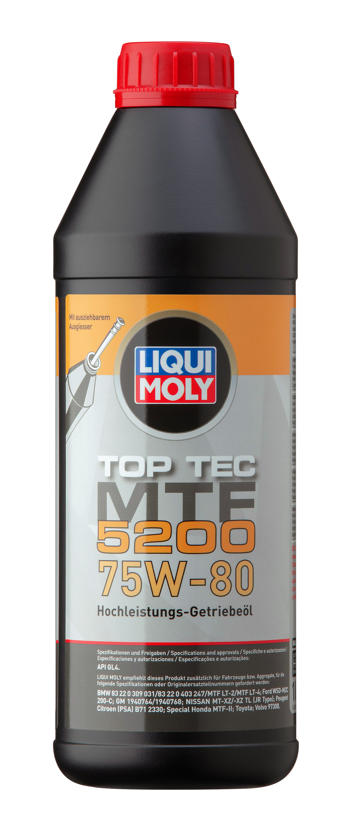 Liqui Moly Top Tec MTF 5200 75W-80 gearbox fluid bottle, automotive lubricant for transmission systems