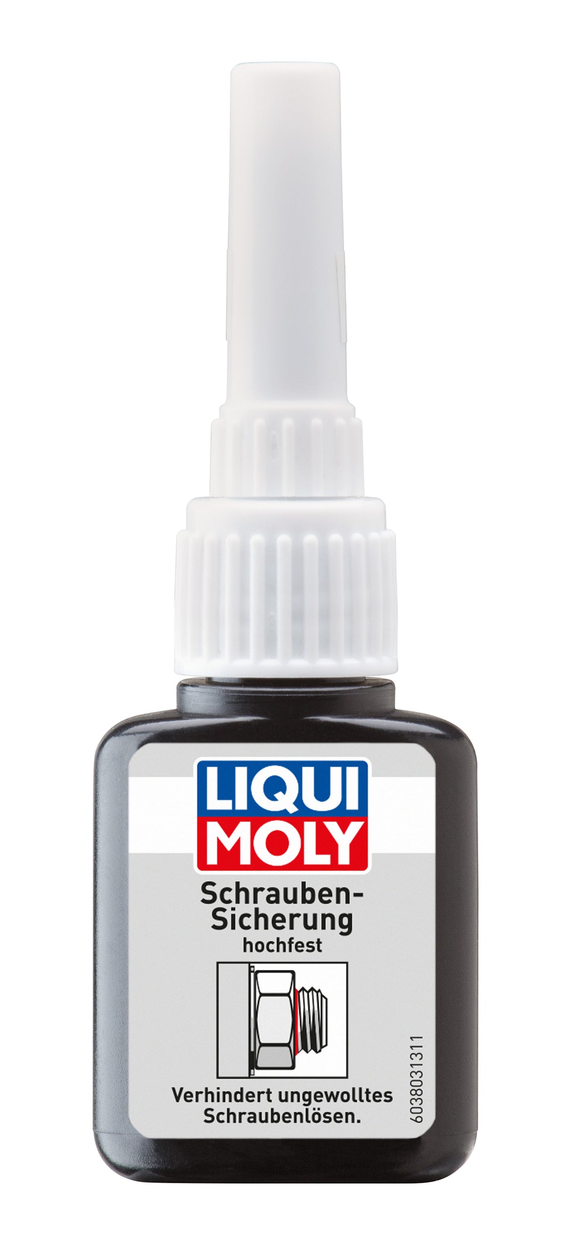 Liqui Moly high strength screw retainer in a tube, used for securing fasteners and preventing loosening in automotive applications.