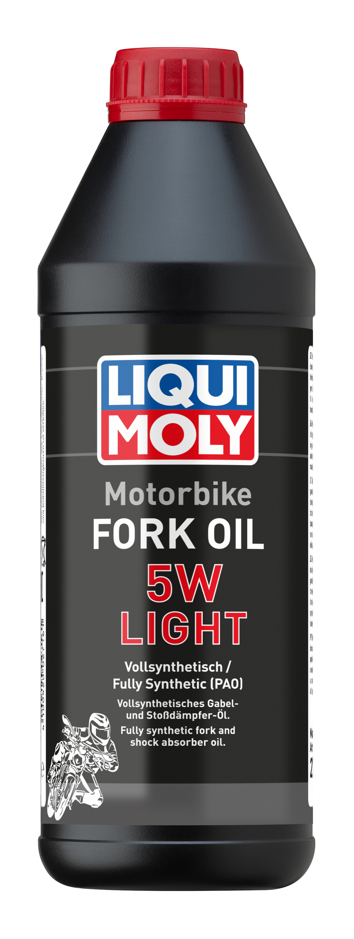 Liqui Moly Motorbike Fork Oil 5W Light in a bottle, designed for motorcycle suspension lubrication and maintenance.