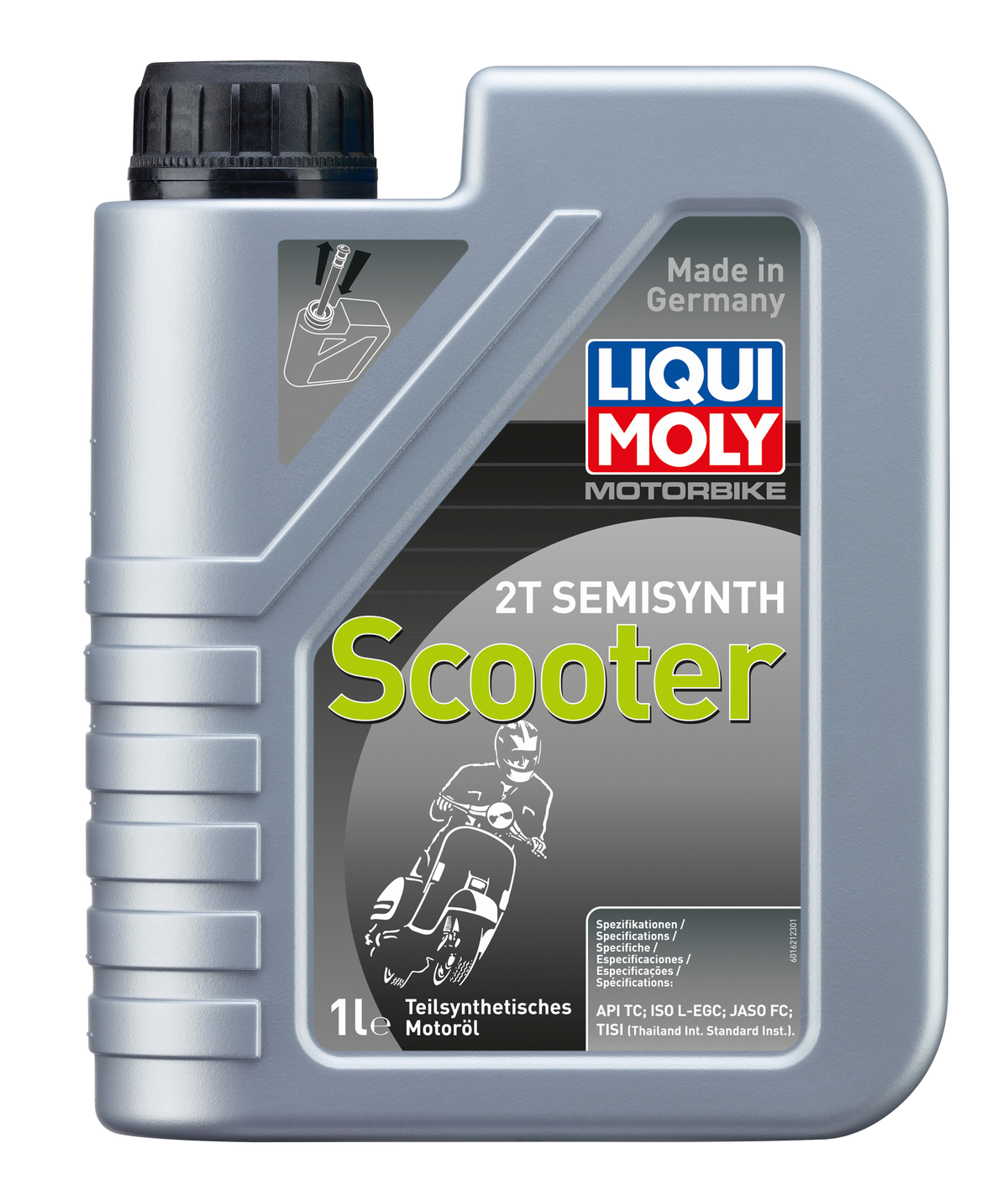 Liqui Moly Motorbike 2T Semisynth Scooter oil 1L bottle, designed for two-stroke motorcycle engines, with label and cap visible.