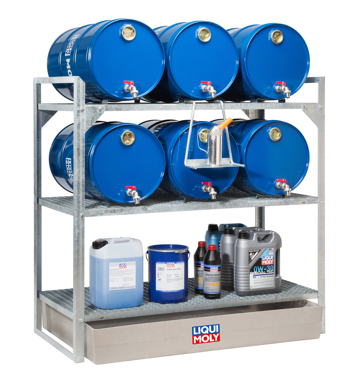 Liqui Moly workshop drum rack with oil drip pan holding six 60-liter drums for oil storage and management.