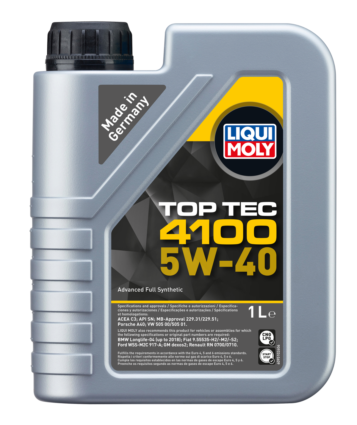 Liqui Moly Top Tec 4100 5W-40 engine oil bottle with label, showcasing the Liqui Moly brand and product details.
