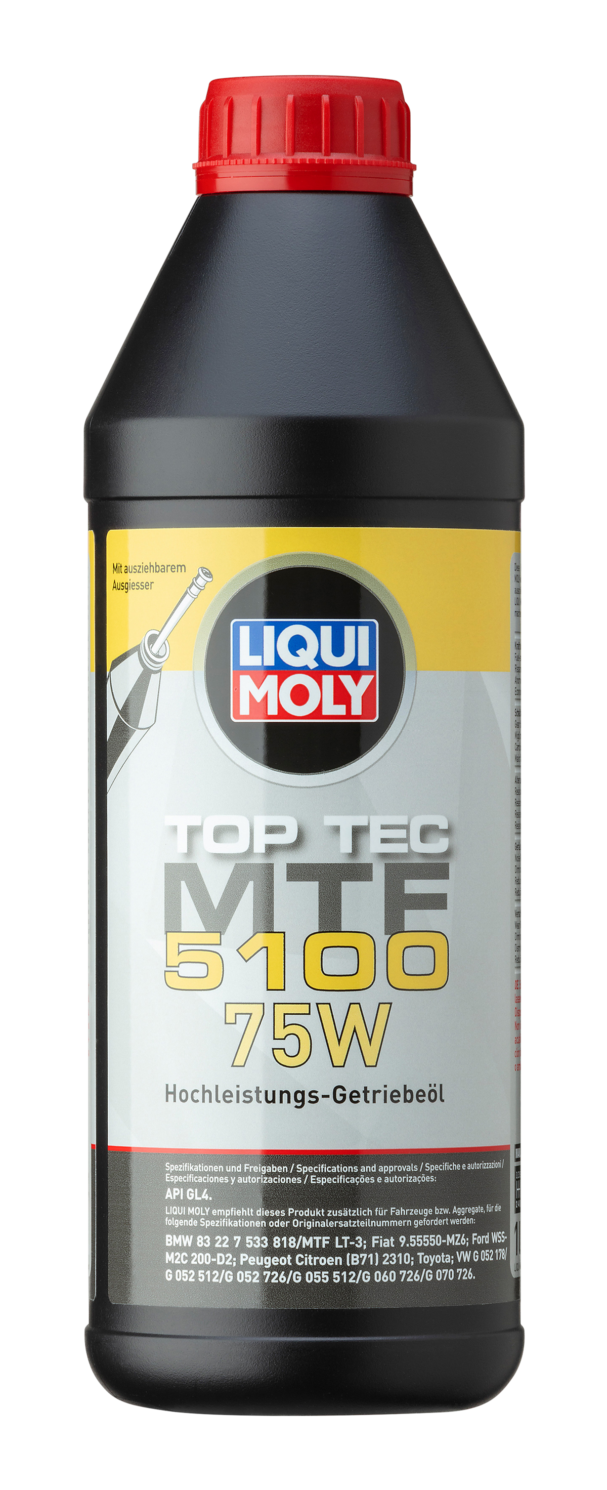 Liqui Moly Top Tec MTF 5100 75W gearbox fluid bottle showing label and cap for automotive transmission lubrication.