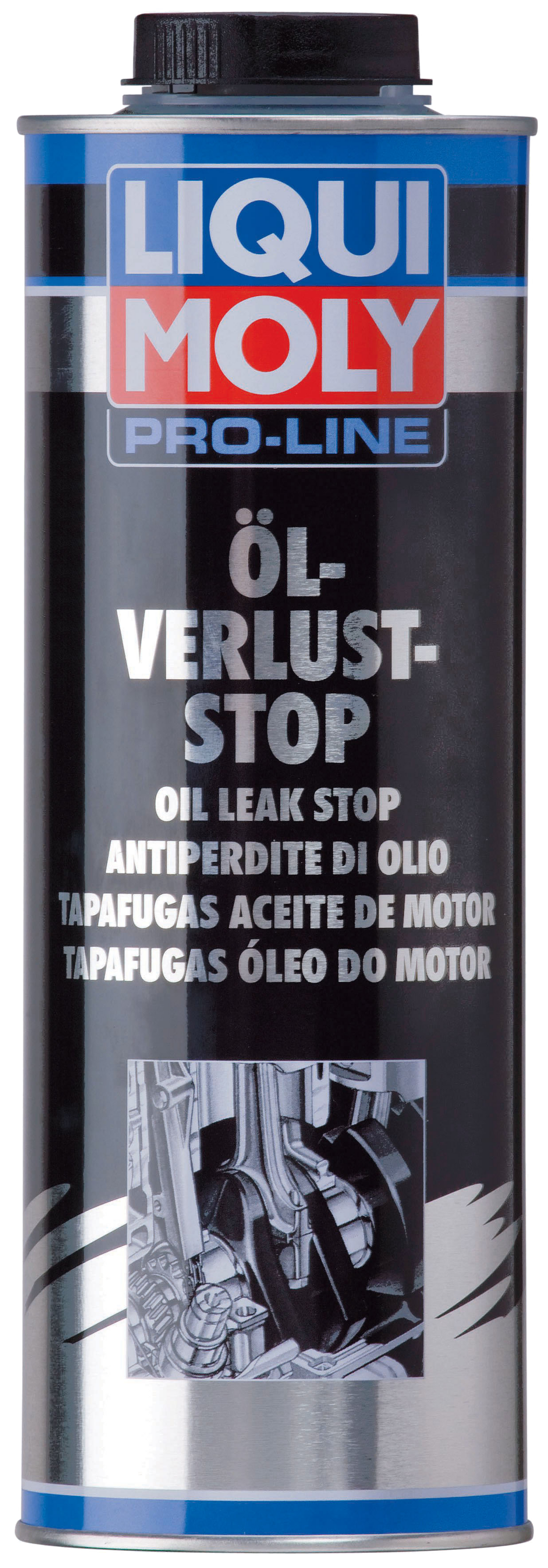 Liqui Moly Pro-Line Oil Loss Stop additive bottle, 1L, for reducing engine oil loss and sealing leaks in vehicles.
