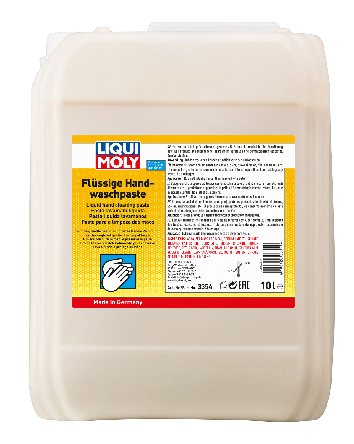 Liqui Moly Liquid Hand Cleaning Paste for grease and lubricant removal, shown in a tube with a textured cleaning surface.