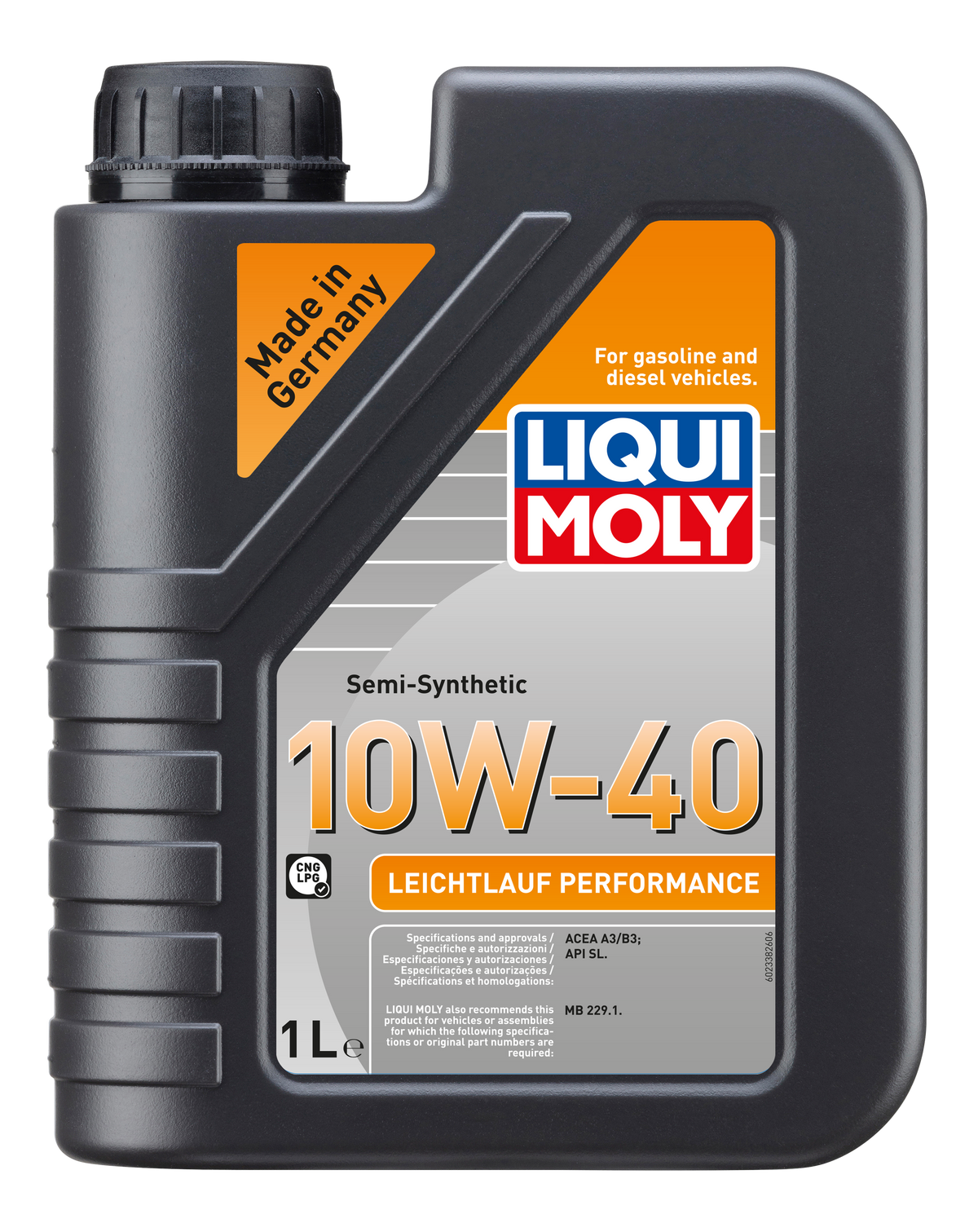 Bottle of Liqui Moly Smooth Running Performance Engine Oil 10W-40 with label visible on a white background.