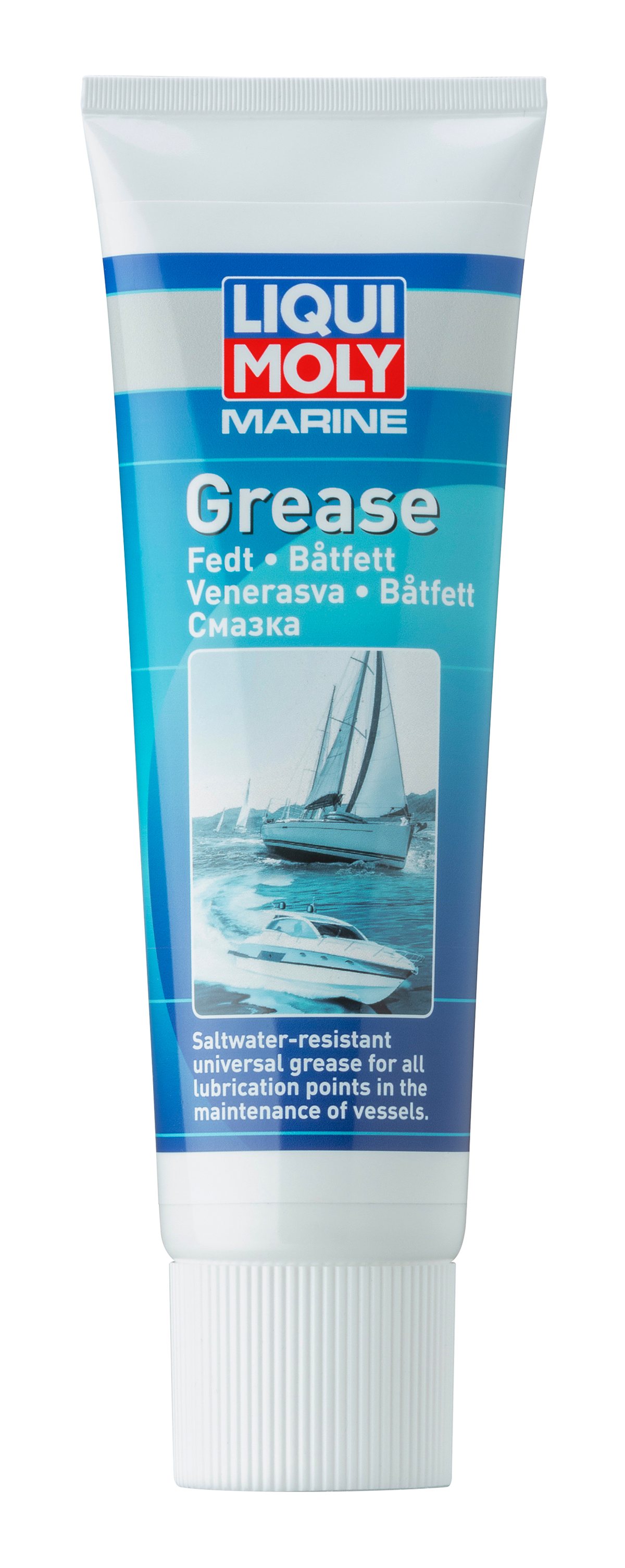 Liqui Moly Marine Grease container, marine-grade lubricant with a blue cap and label, designed for boat and marine equipment.