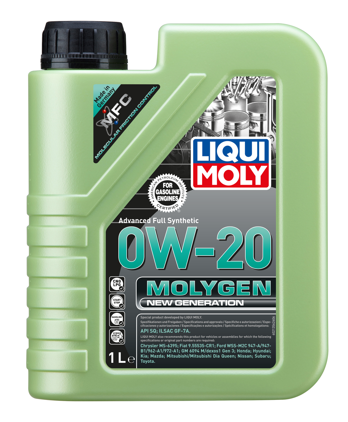 Liqui Moly Molygen New Generation Engine Oil 0W-20 bottle, featuring brand label and product information on the container.