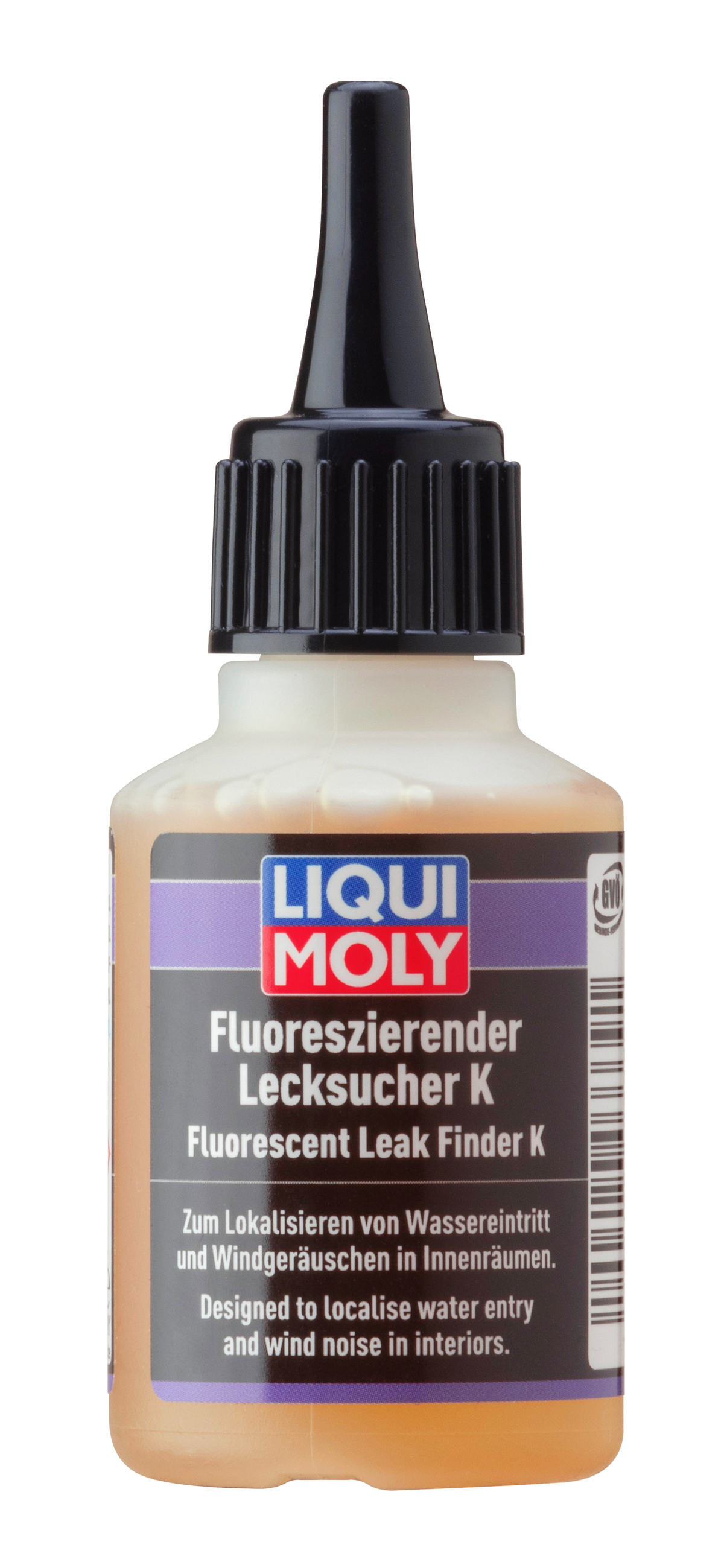 Liqui Moly Fluorescent Leak Finder additive in 50ml bottle, used for detecting leaks in automotive systems with glowing fluorescence.