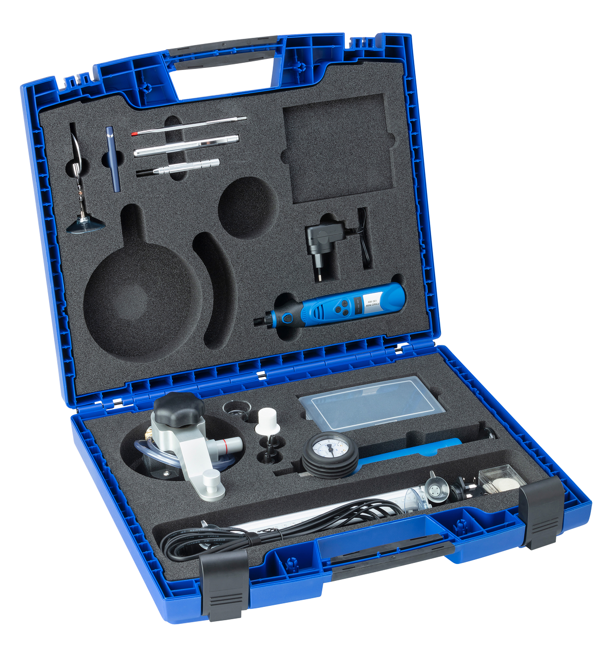 Liqui Moly laminated glass repair system case for trucks and cars, featuring tools for commercial and agricultural vehicle glass repair.