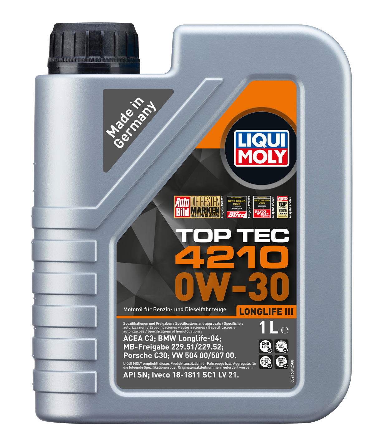 Liqui Moly Top Tec 4210 0W-30 engine oil bottle with label, showcasing the Liqui Moly brand and product details.
