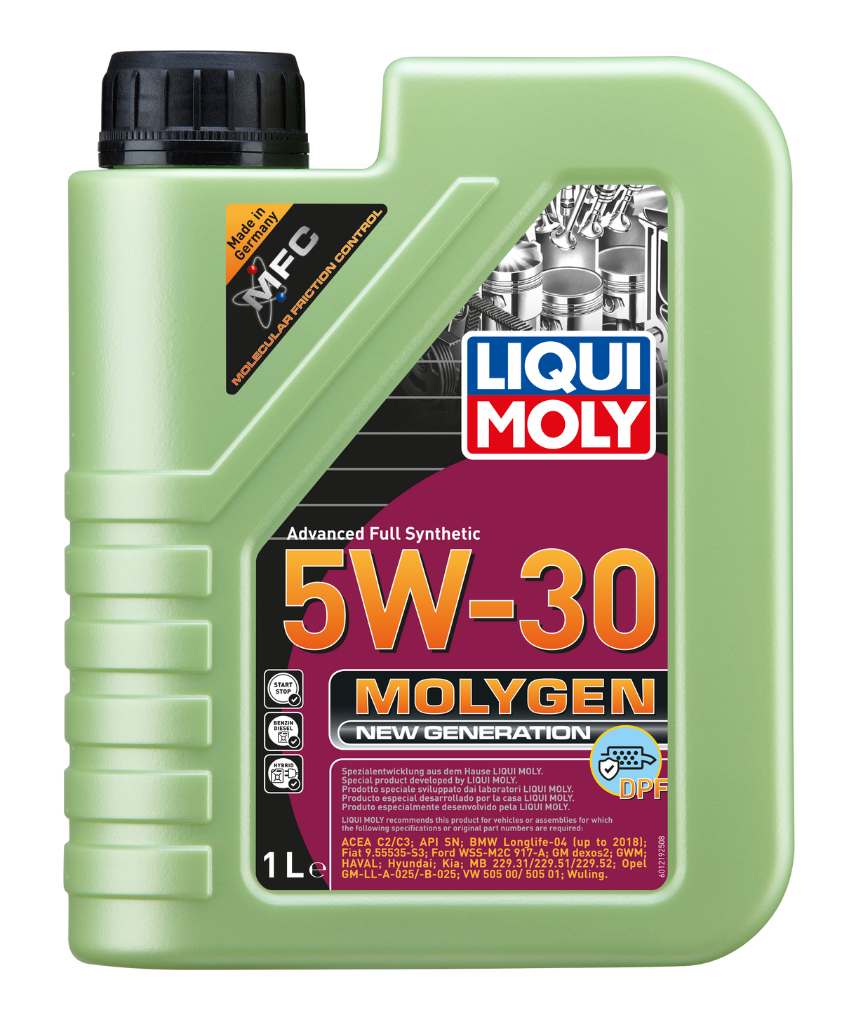 Liqui Moly Molygen New Generation 5W-30 DPF engine oil bottle with label, used for vehicle engine lubrication and DPF protection