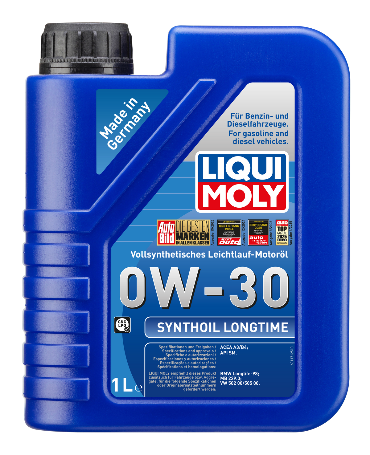 Liqui Moly Synthoil Longtime 0W-30 engine oil bottle, high-quality motor oil for vehicle engine lubrication.