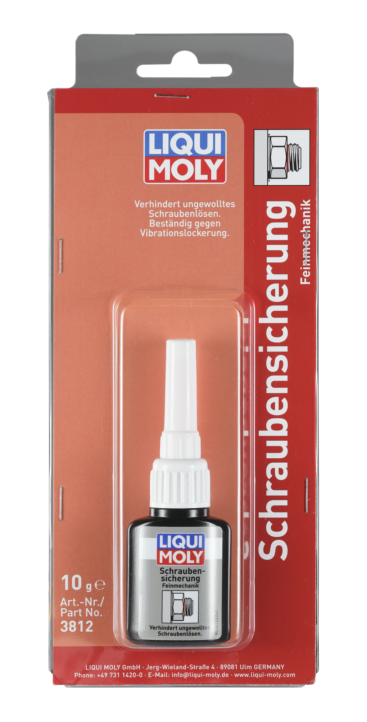 Liqui Moly screw retainer in a 10g tube, used as an adhesive and sealant for fine mechanical applications.