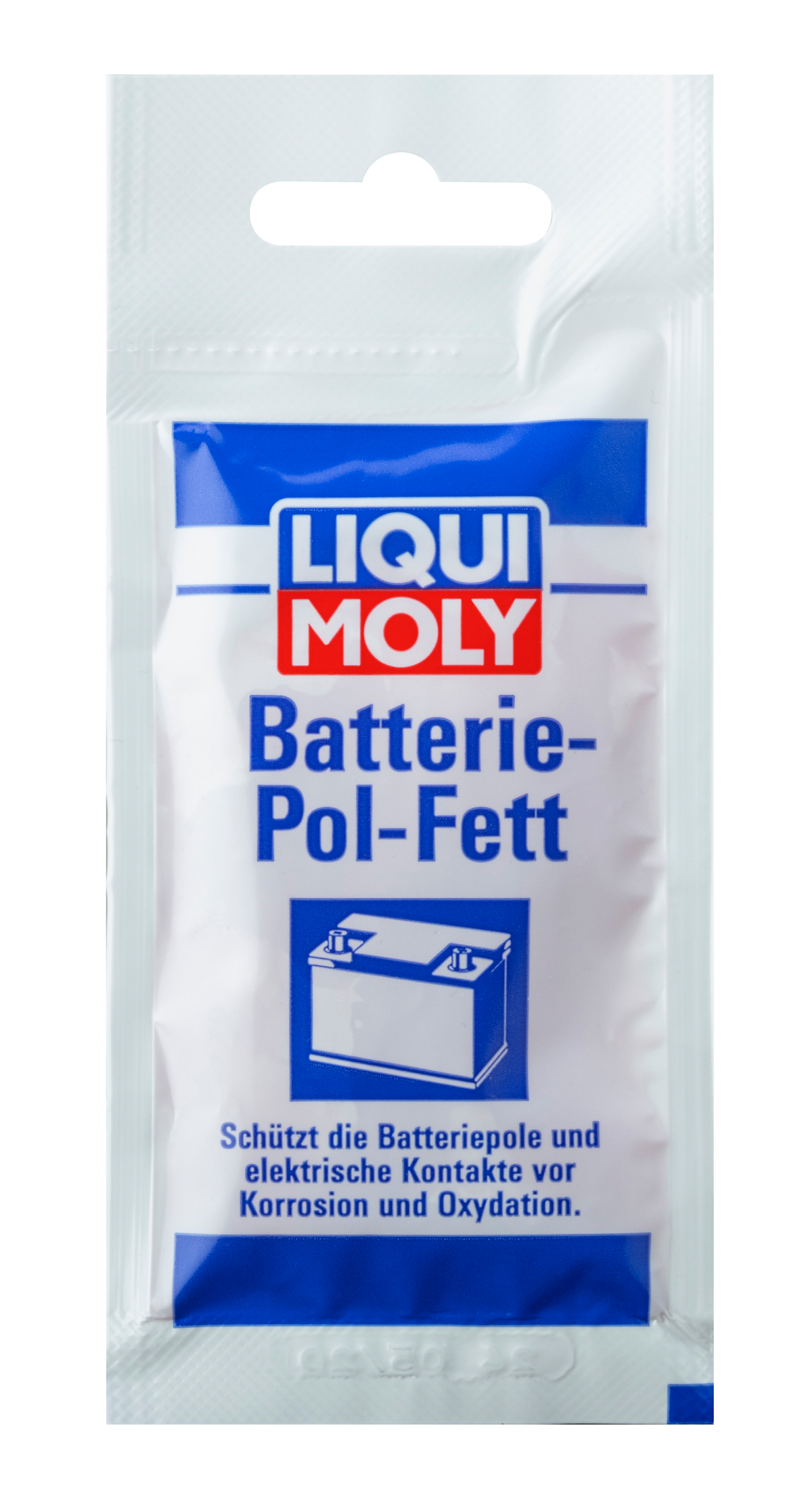 Liqui Moly Battery Clamp Grease container with label showing grease and lubricant for battery connections and clamps.