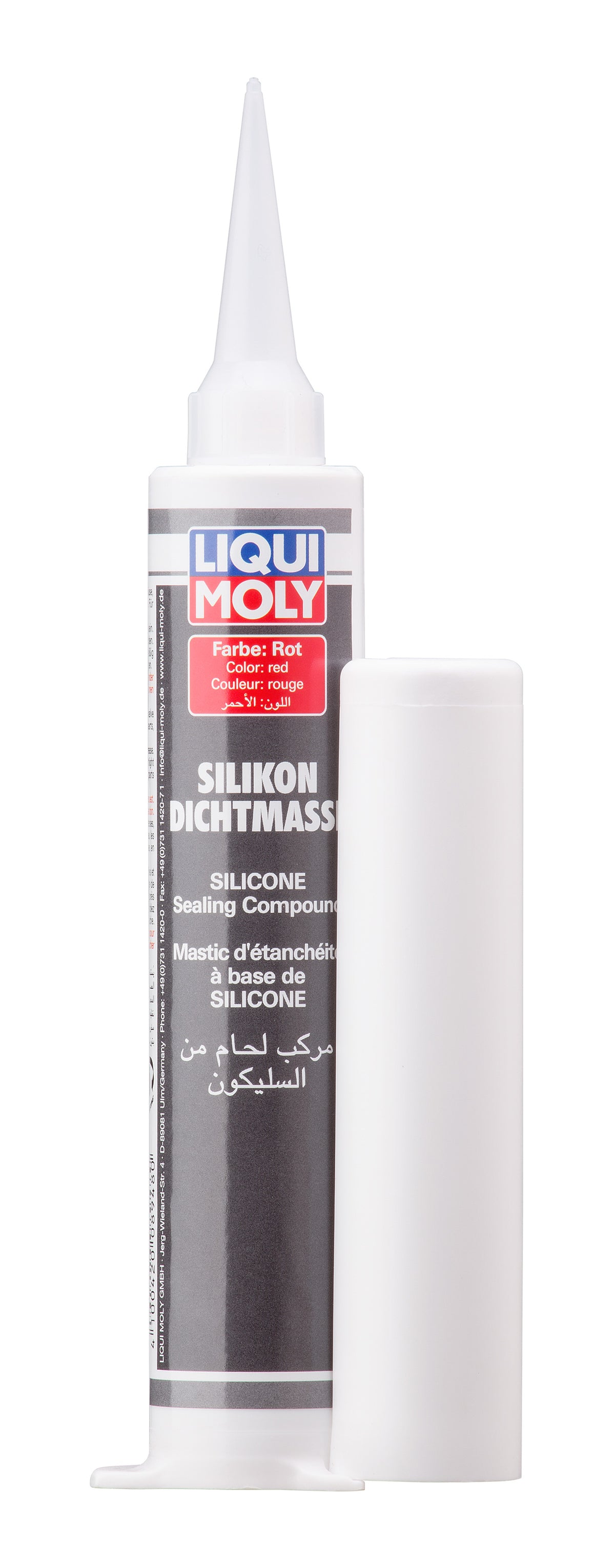Liqui Moly silicone sealing compound in red, 80ml tube, suitable for adhesives and sealants, shown with the product tube.