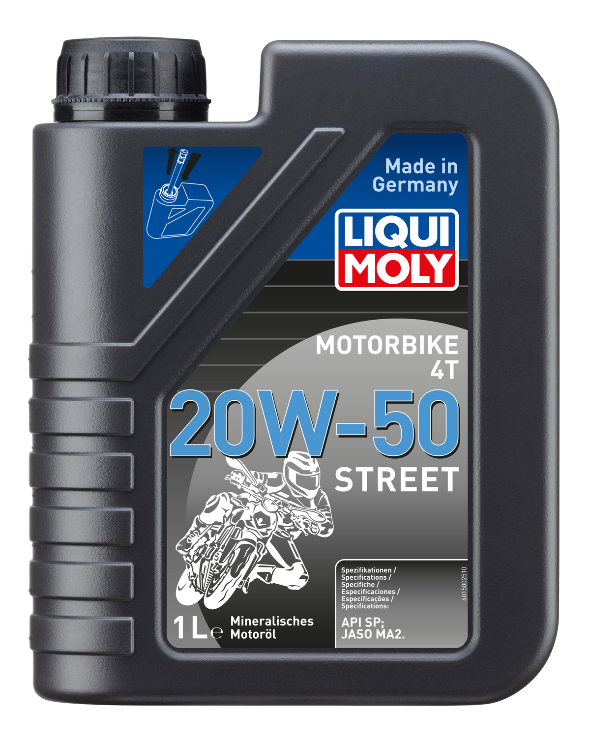 Liqui Moly Motorbike 4T 20W-50 Street motorcycle engine oil container with label and cap.