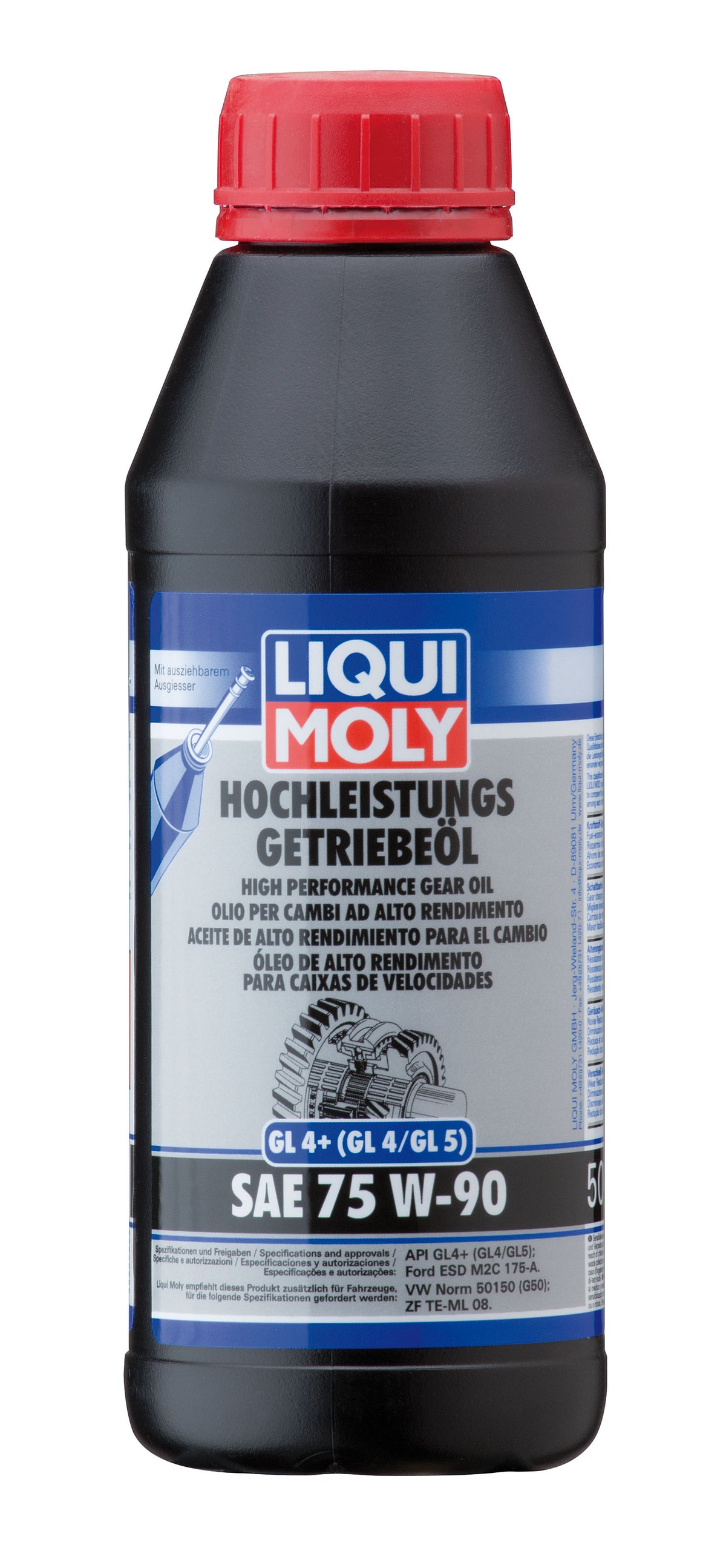 Liqui Moly High Performance Gear Oil GL4+ SAE 75W-90 gearbox fluid bottle with label and cap, designed for vehicle gearboxes.